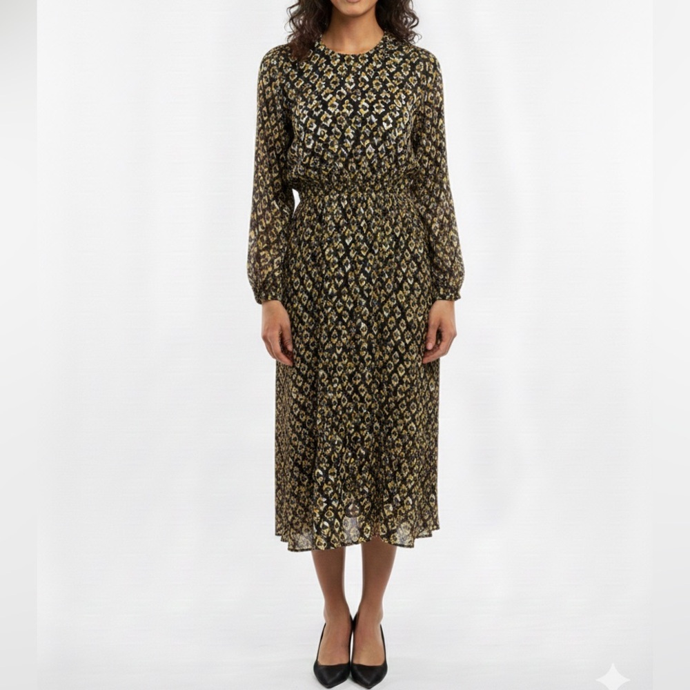 NWT Lola Italy Silk Blend Long Sleeve Geometric Midi Dress Bohemian Sz L